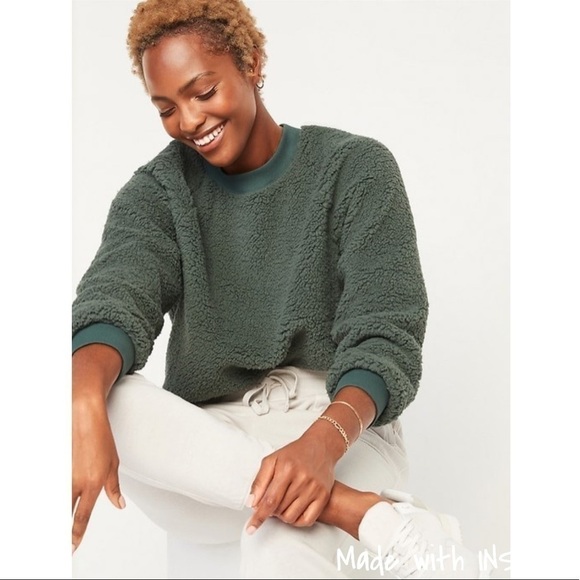OLD Navy Olive Green Sherpa Mock Neck Sweatshirt - Picture 1 of 8